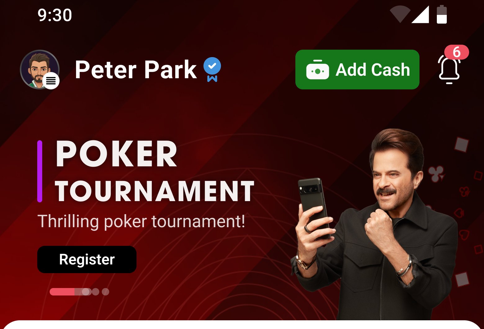 New poker lobby design — home screen with tournament banner
