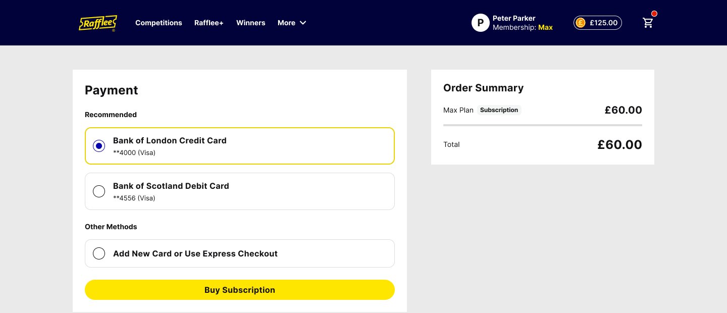 Rafflee payment method selection