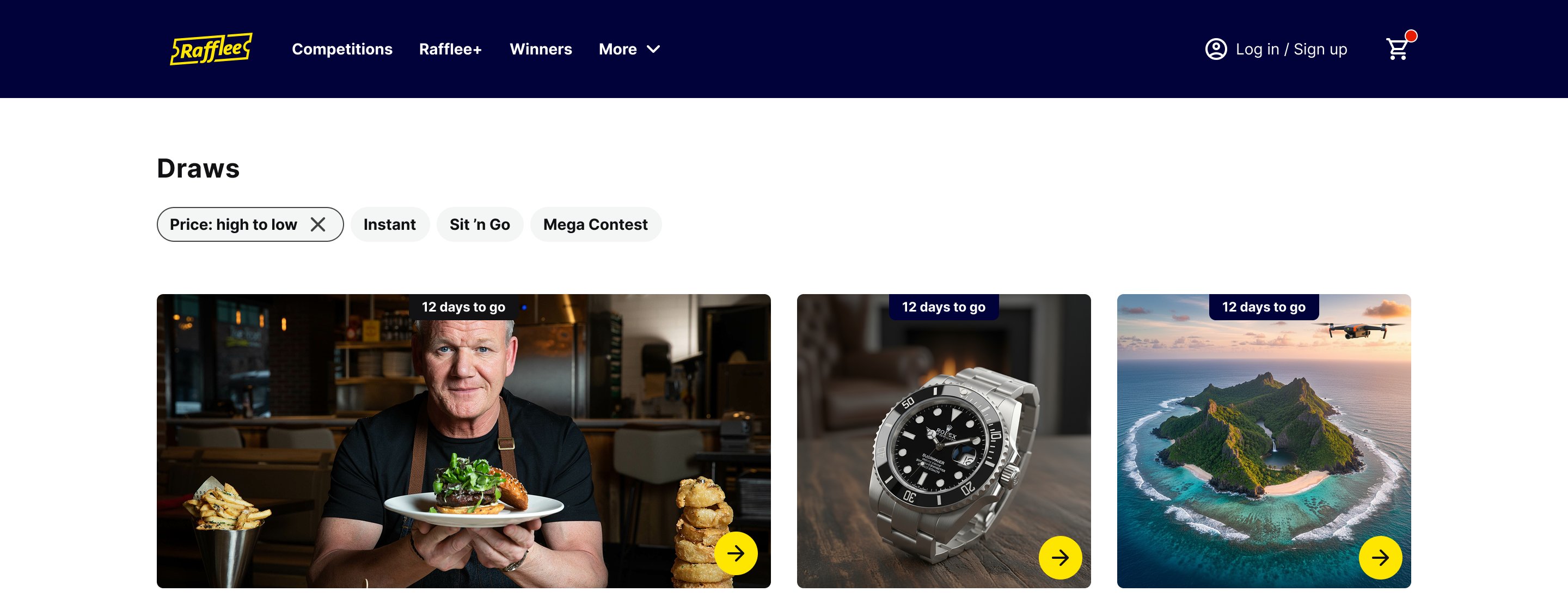 Rafflee draws listing page with filters