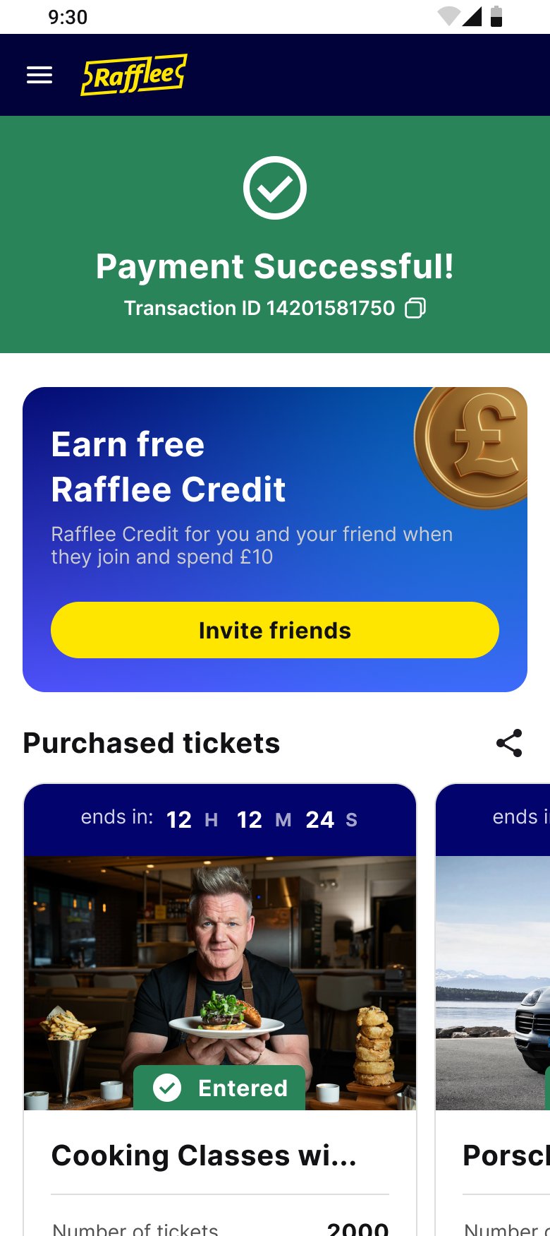 Rafflee mobile payment success screen