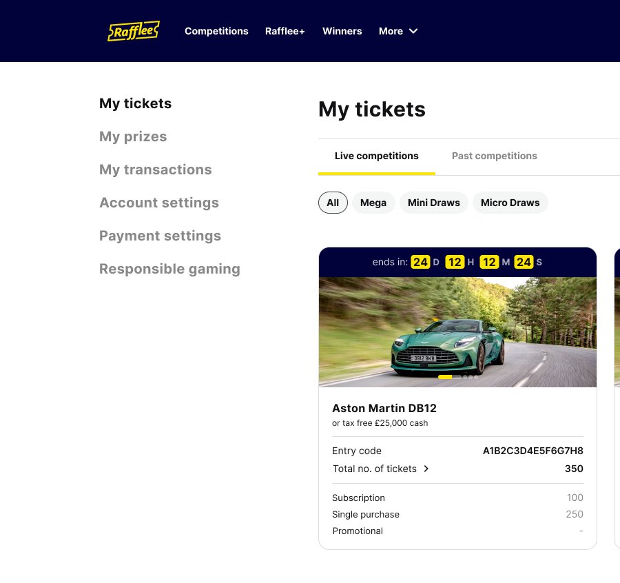 Rafflee my tickets dashboard with account navigation