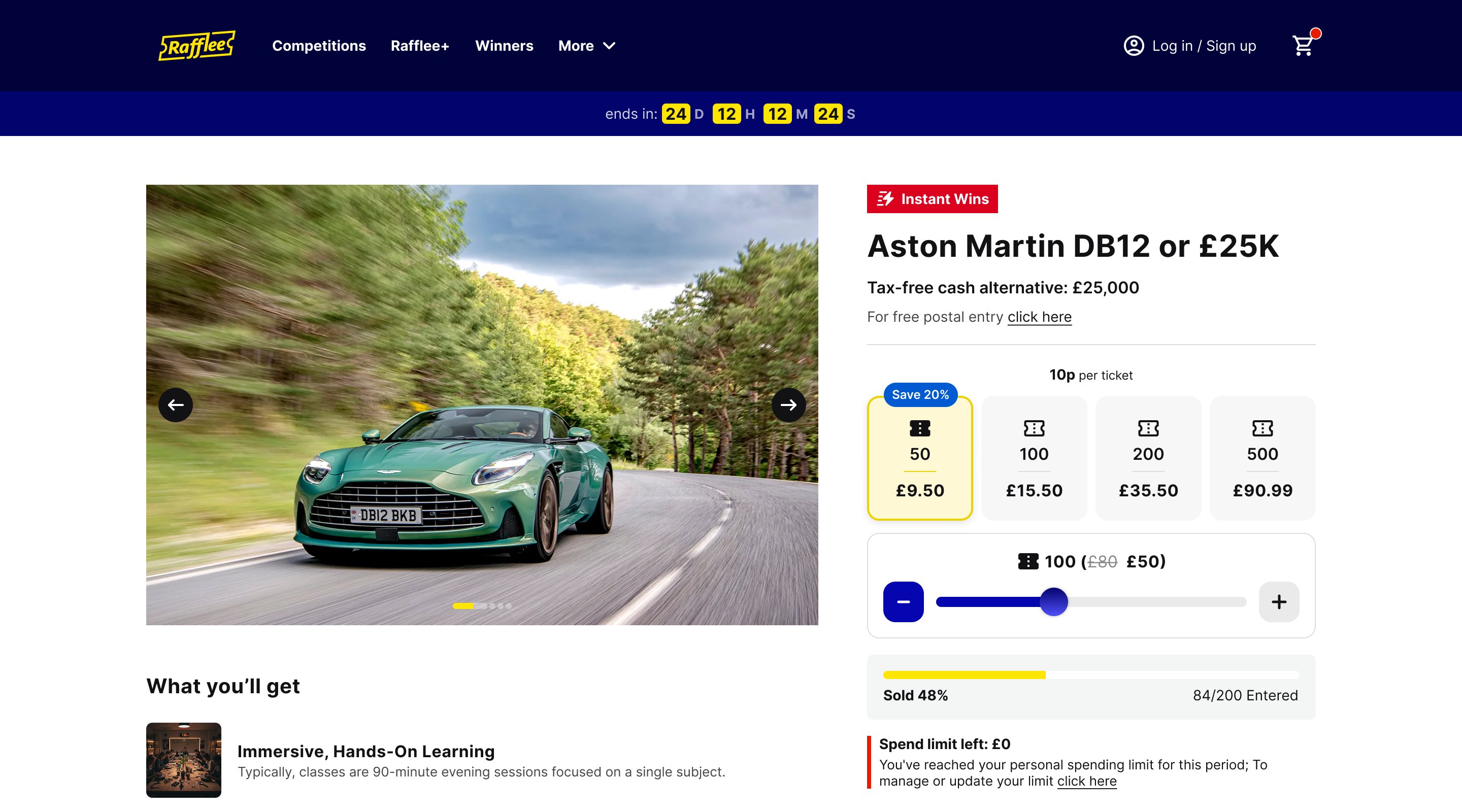 Rafflee competition detail page showing ticket tiers and free entry link