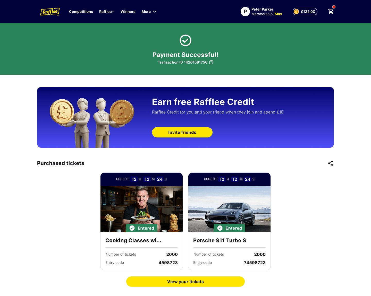 Rafflee payment success screen with referral CTA